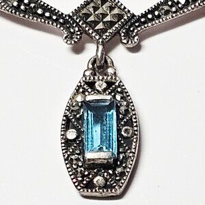 Sterling Silver 925 A Blue Gemstone - Marcasite Pendant Necklace